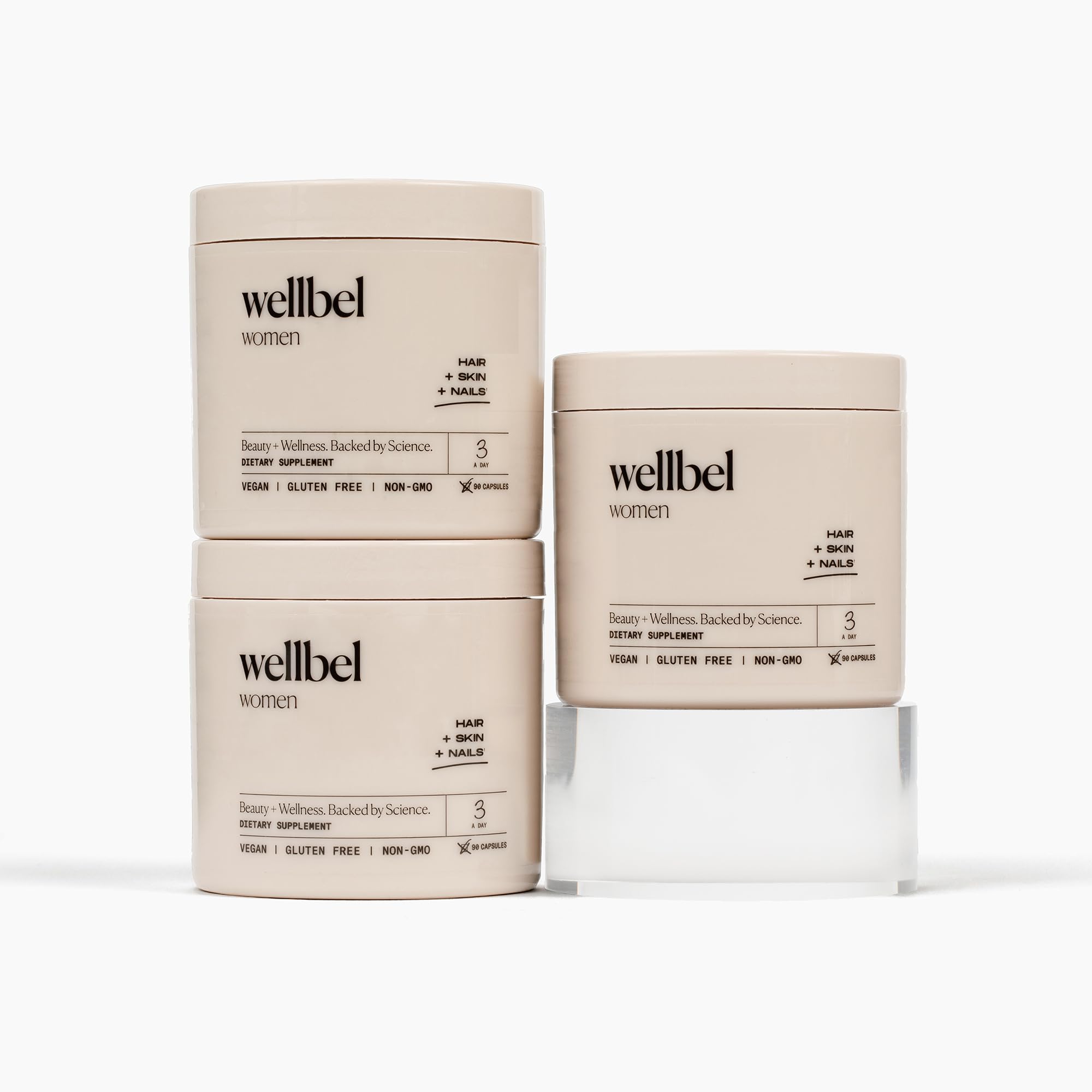 WELLBEL Women bottle front promotes daily beauty support for hair, skin, and nails.