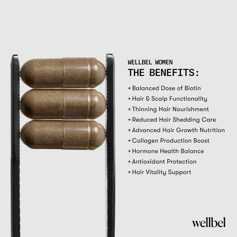Vegan symbol beside WELLBEL product name signals plant-based formula.
