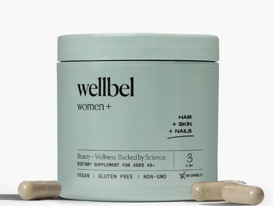 WELLBEL Women+ bottle front view highlighting clean packaging for daily use
