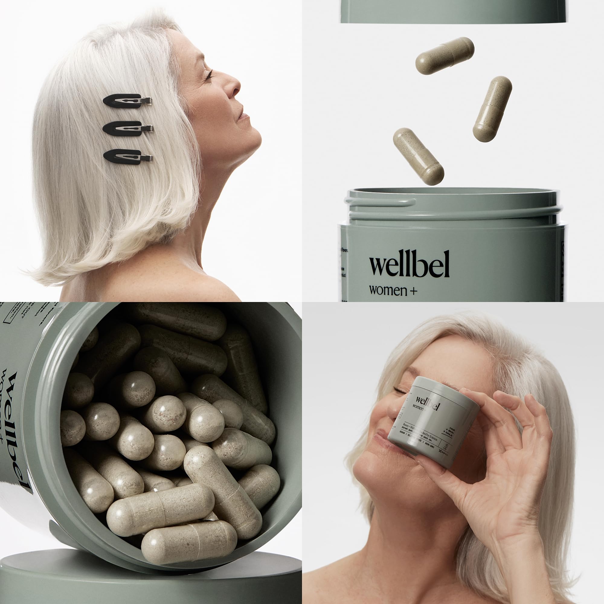 Wellbel Women+ vegan label on bottle highlights plant-based ingredients.