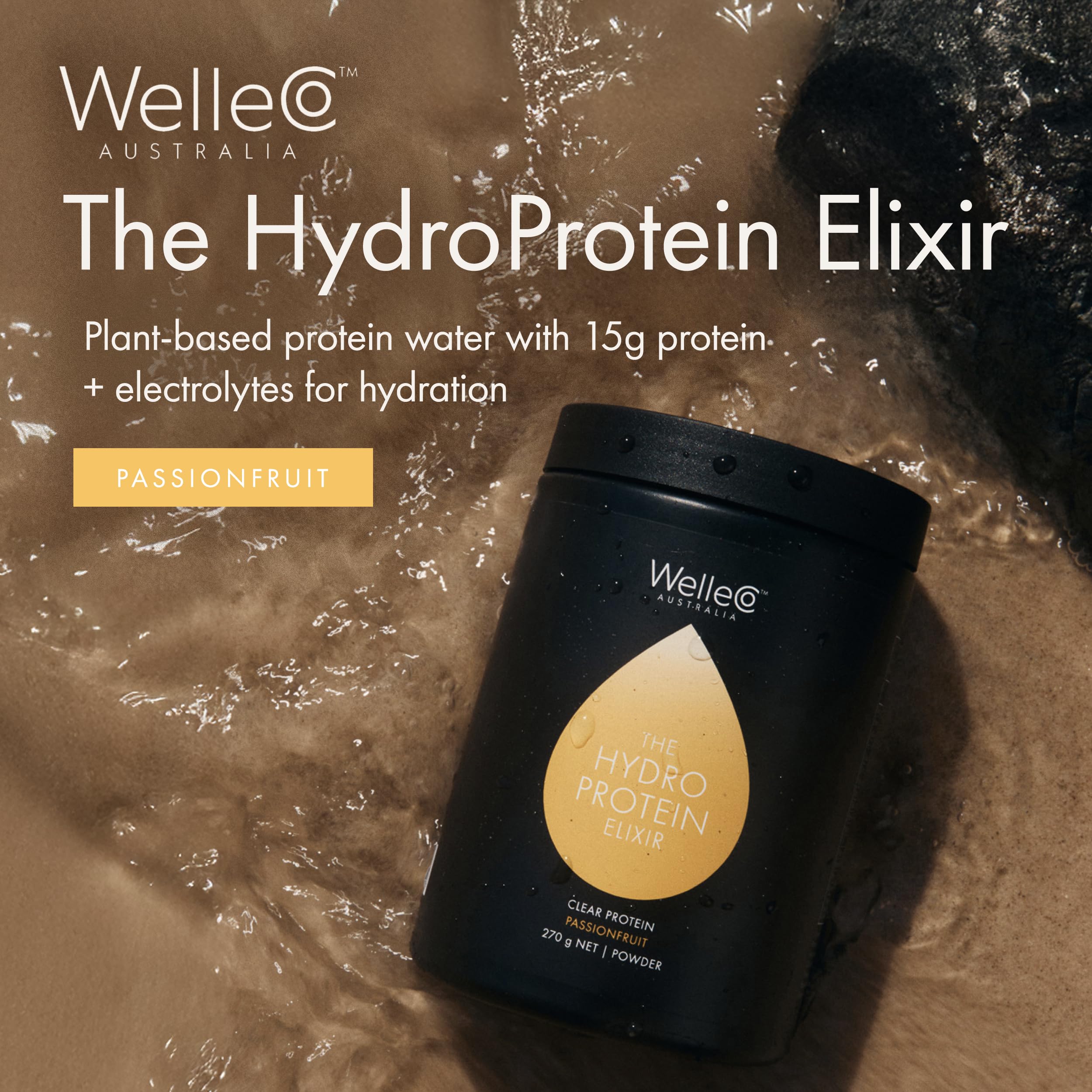 WelleCo HydroProtein Elixir jar back showing ingredients for recovery and nourishment.