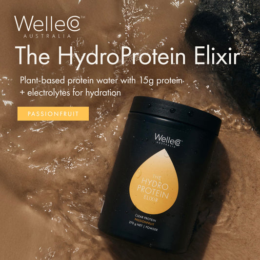 WelleCo HydroProtein Elixir jar back showing ingredients for recovery and nourishment.