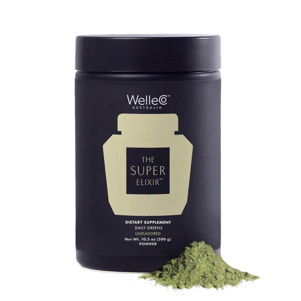 WelleCo The Super Elixir jar showing a 40+ ingredient greens powder for daily wellness.
