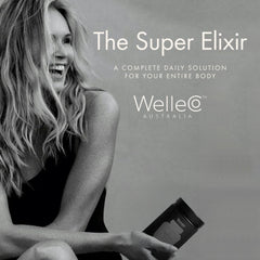 Glass and bottle pairing with The Super Elixir for a daily routine.