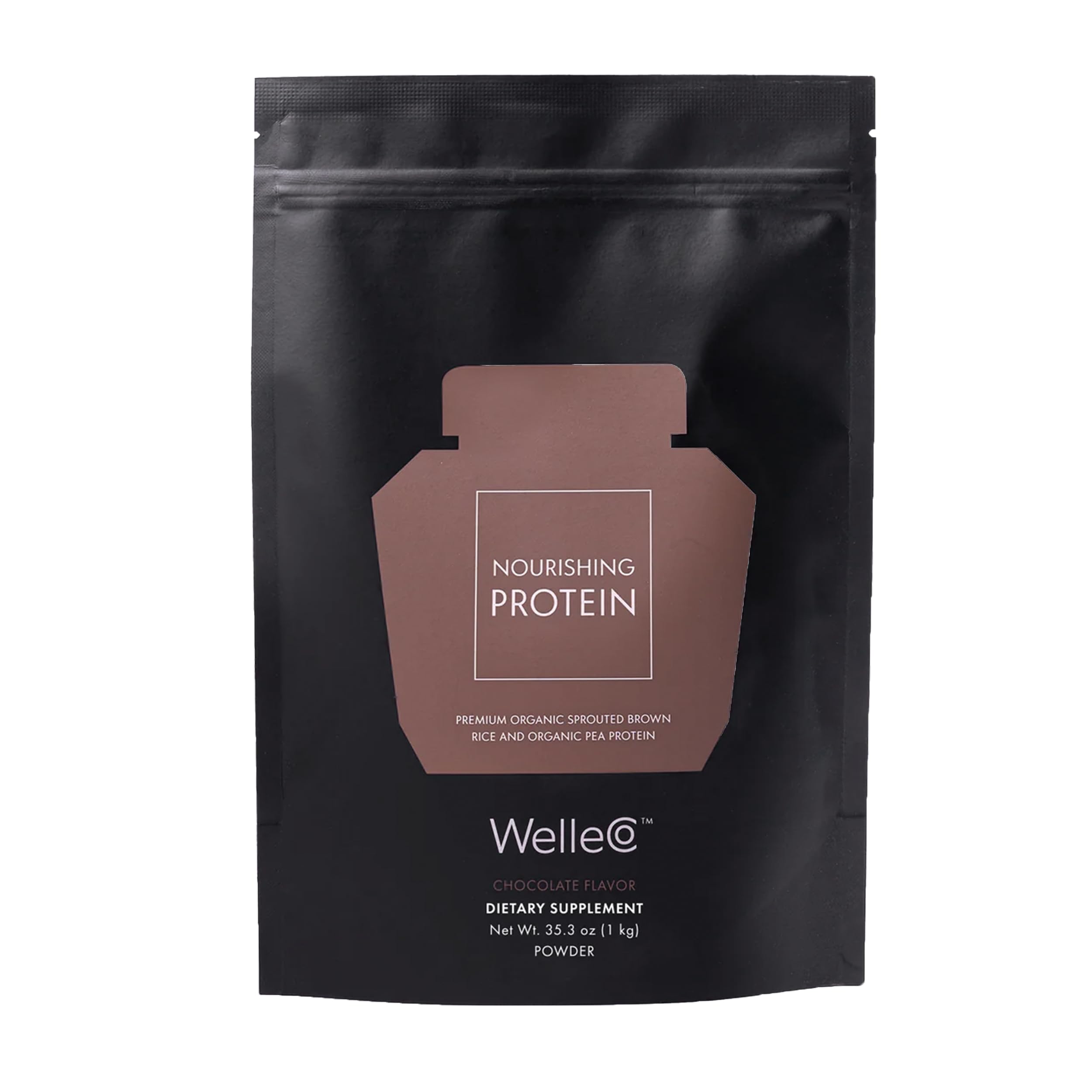 WelleCo chocolate protein powder bottle highlighting 16g protein per serving for energy.