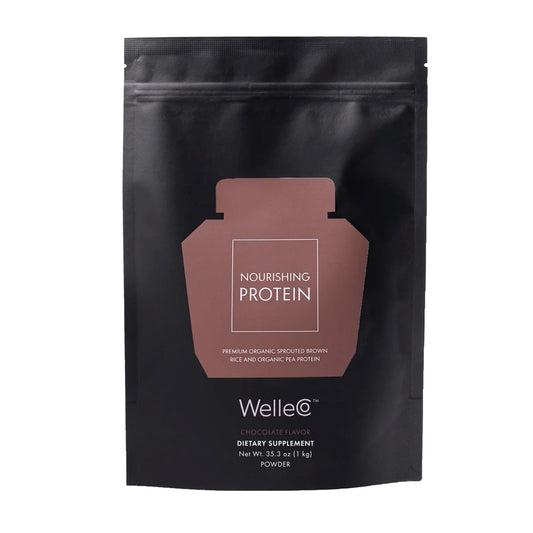 WelleCo chocolate protein powder bottle highlighting 16g protein per serving for energy.