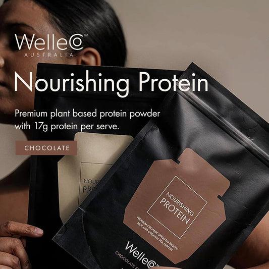 WelleCo chocolate protein powder serving scoop emphasizing dairy-free complete protein.