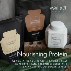 WelleCo chocolate protein shake beside breakfast for daily nutrition.