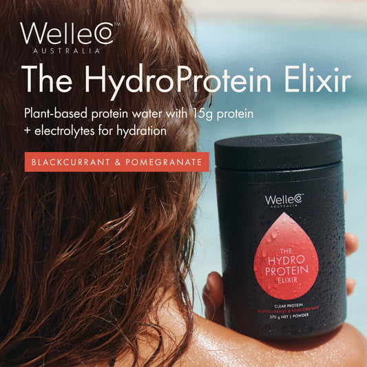WelleCo HydroProtein Elixir front of tub showcasing vegan protein