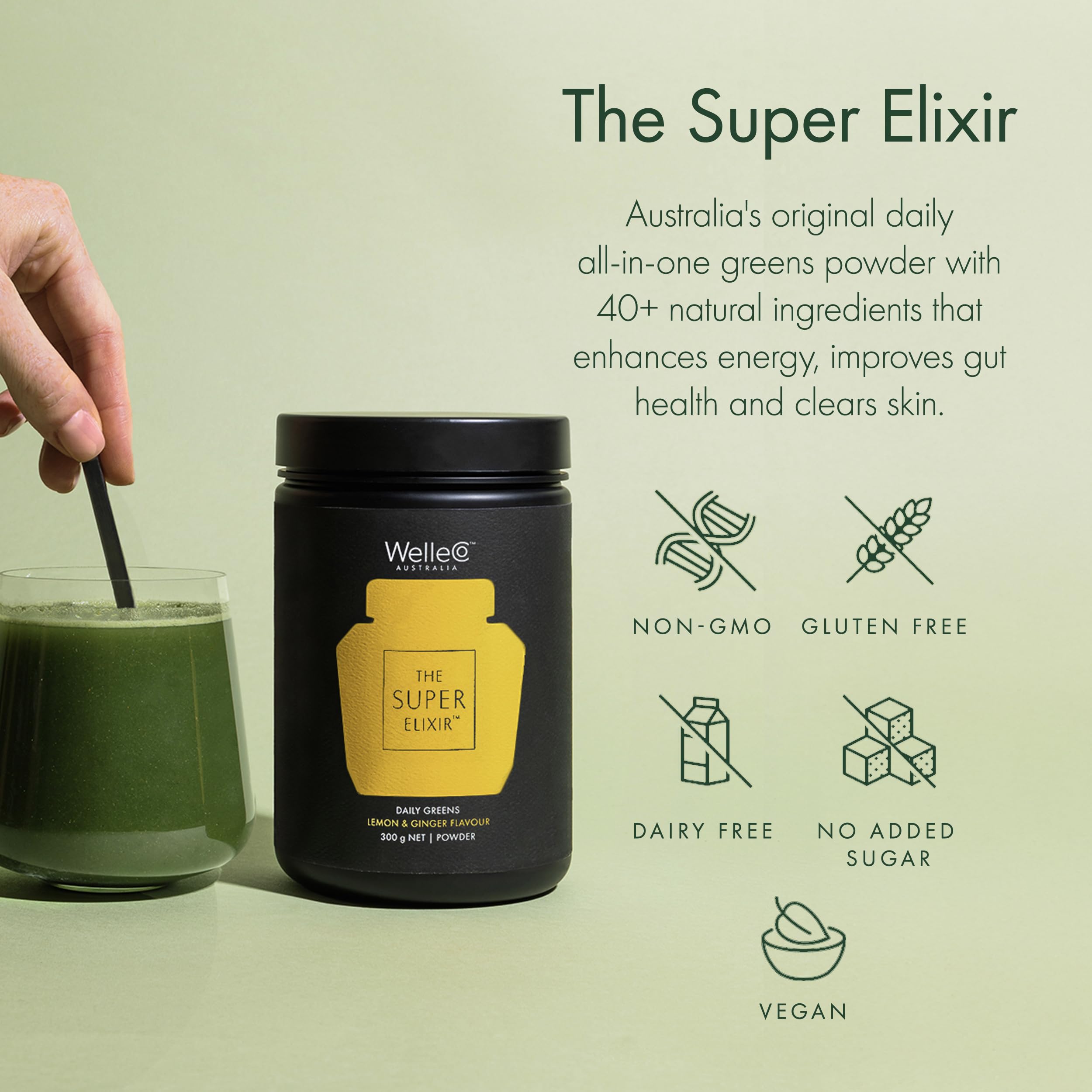 Probiotic fruit powders in WelleCo blend: acai, pomegranate, grapeseed for antioxidants.