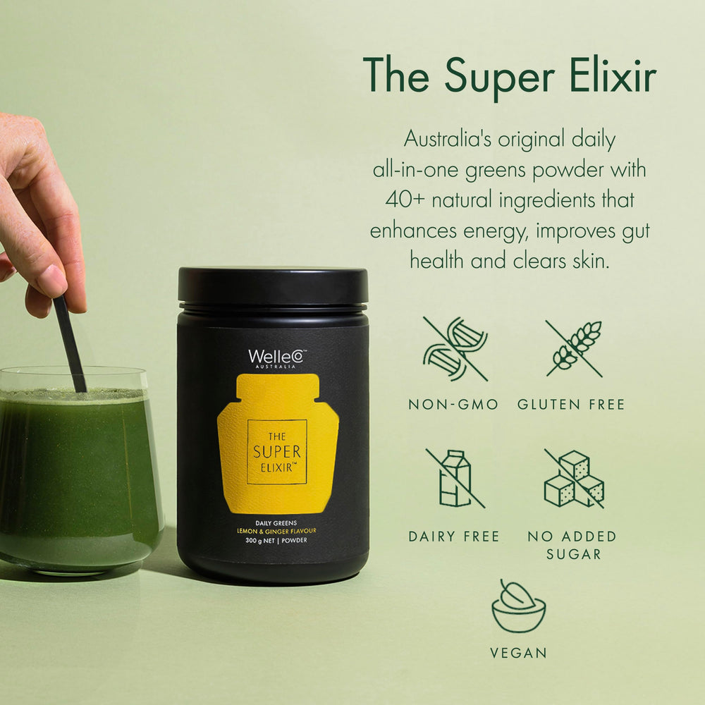 Probiotic fruit powders in WelleCo blend: acai, pomegranate, grapeseed for antioxidants.