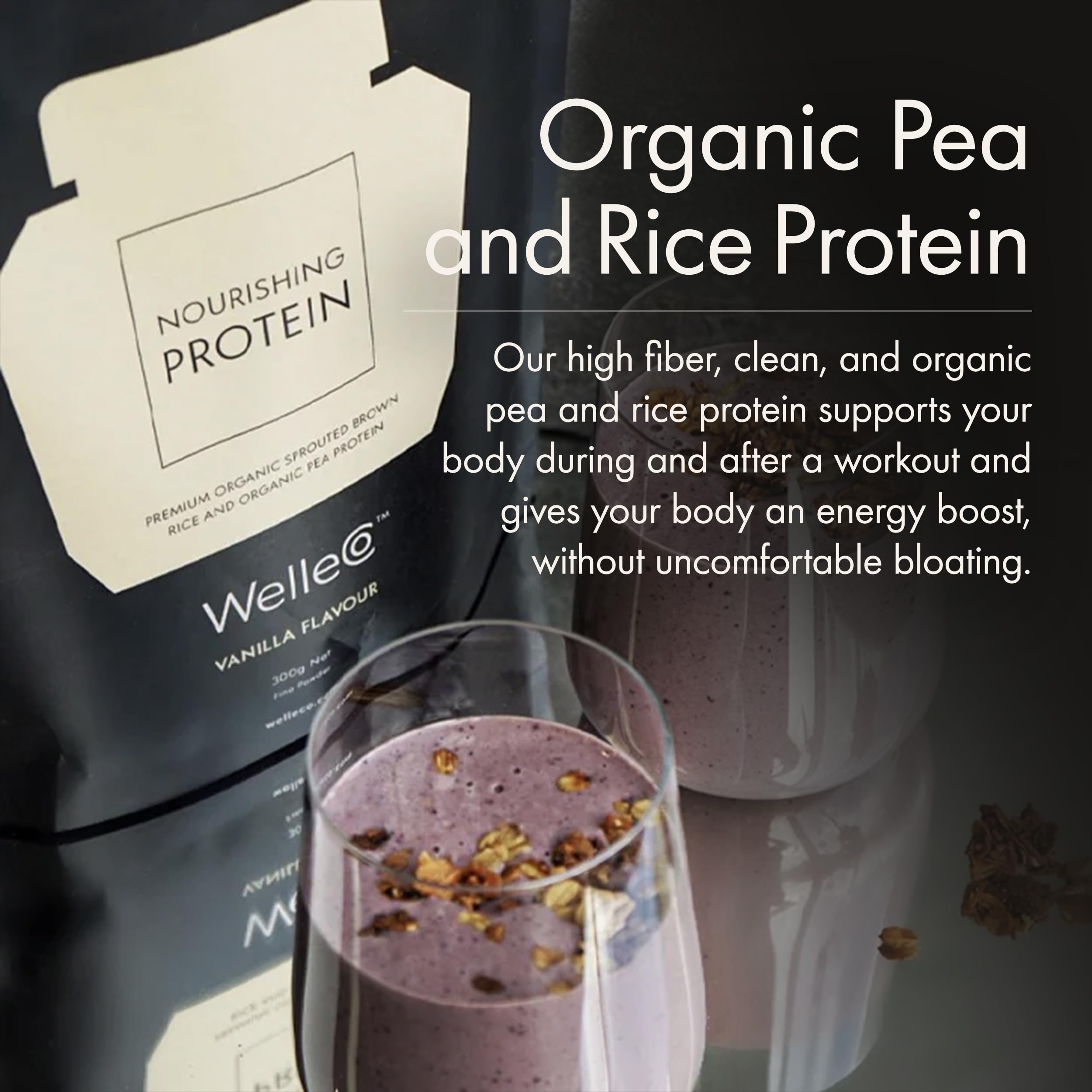 WelleCo protein scoop over blender ready for a morning shake