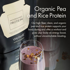 WelleCo protein scoop over blender ready for a morning shake