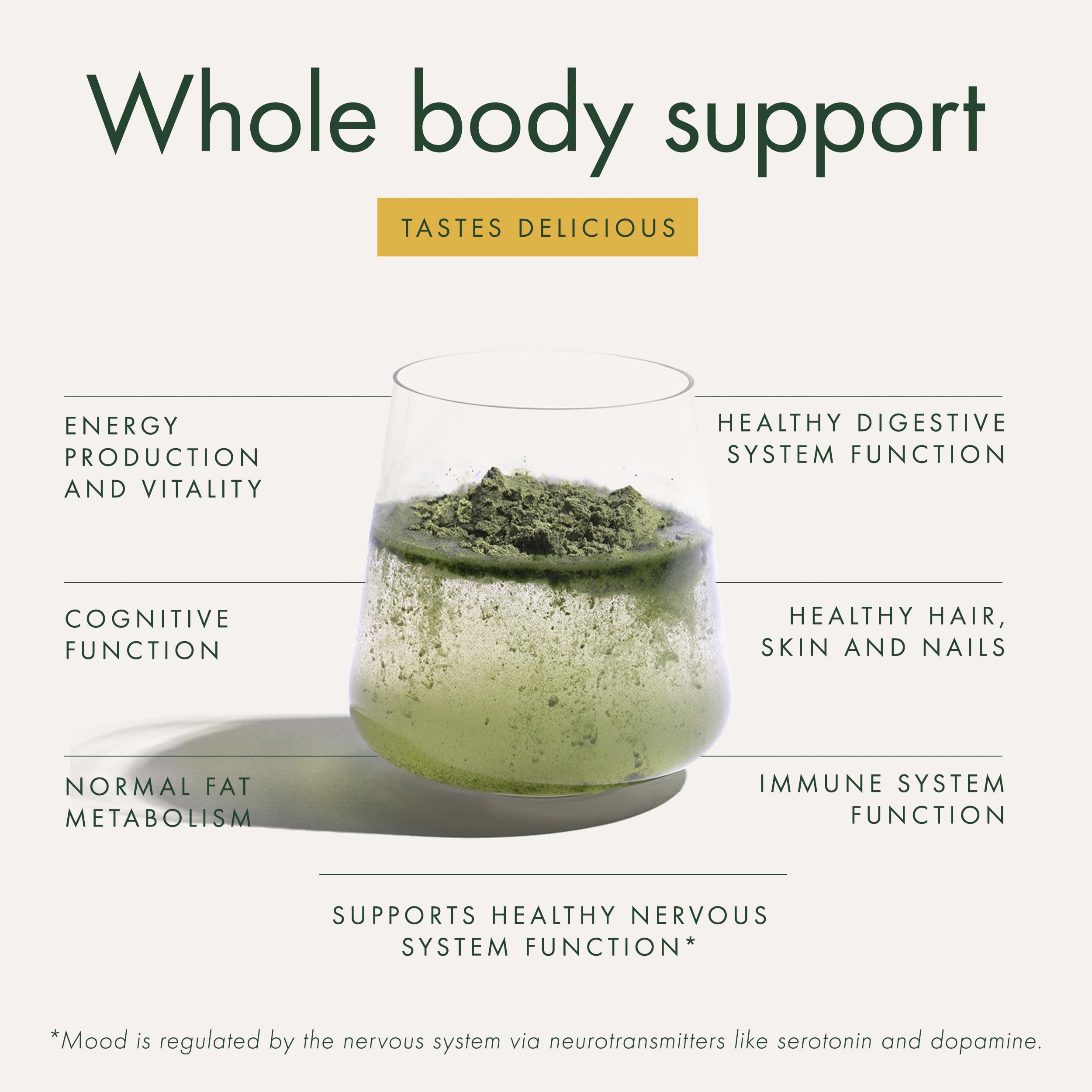 Shiitake and maitake mushroom powders in WelleCo blend, presenting plant fiber and B vitamins.