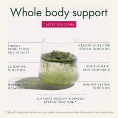 WelleCo The Super Elixir product with glass and spoon in a morning routine.