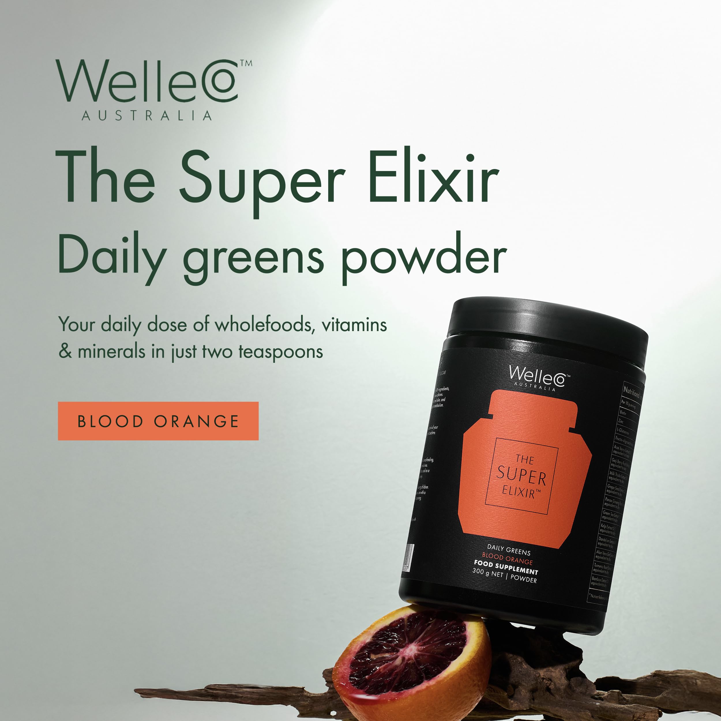 WelleCo scoop beside powder highlights convenient daily serving.