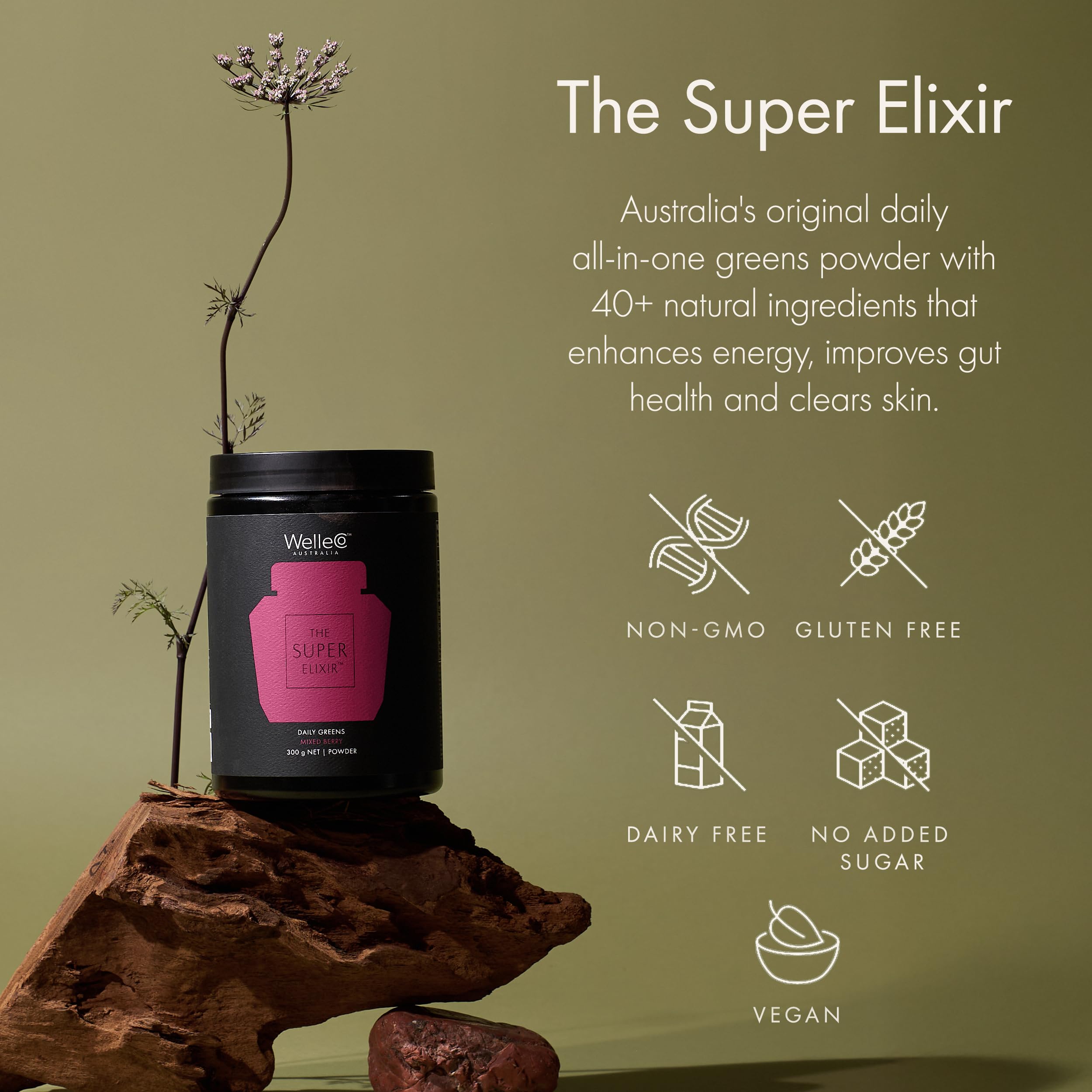 WelleCo The Super Elixir bottle beside a smoothie for easy mixing.