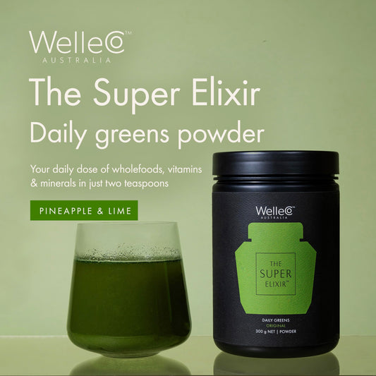 WelleCo Lemon Ginger jar with a bright label suggests a refreshing morning boost.