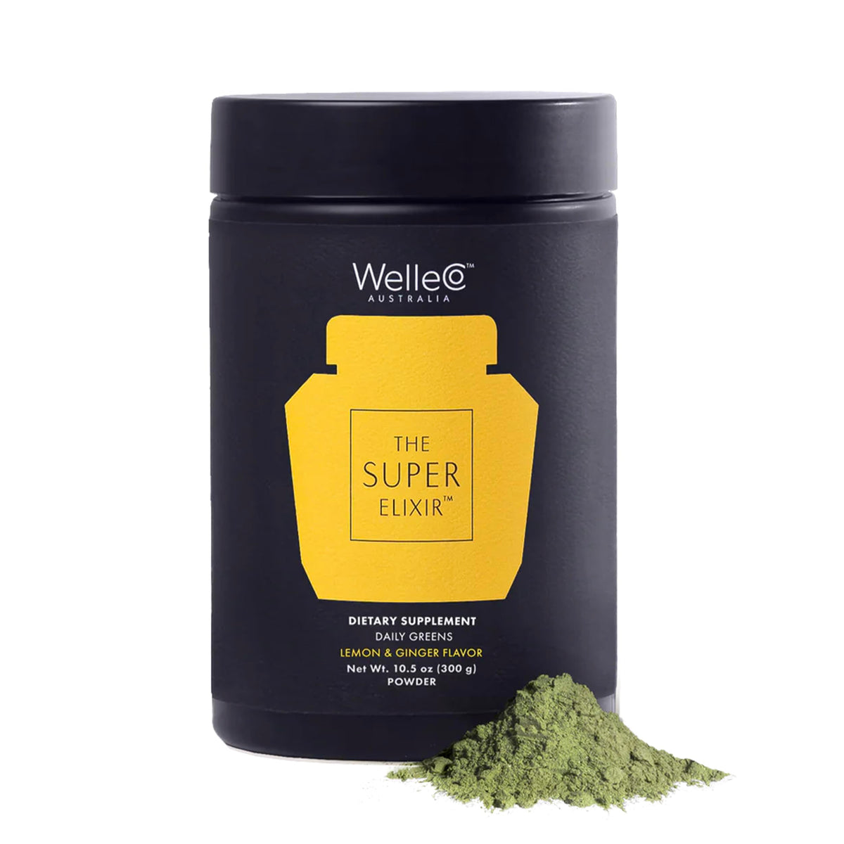 WelleCo Super Elixir lemon-ginger tub image, premium daily greens for energy and immunity.