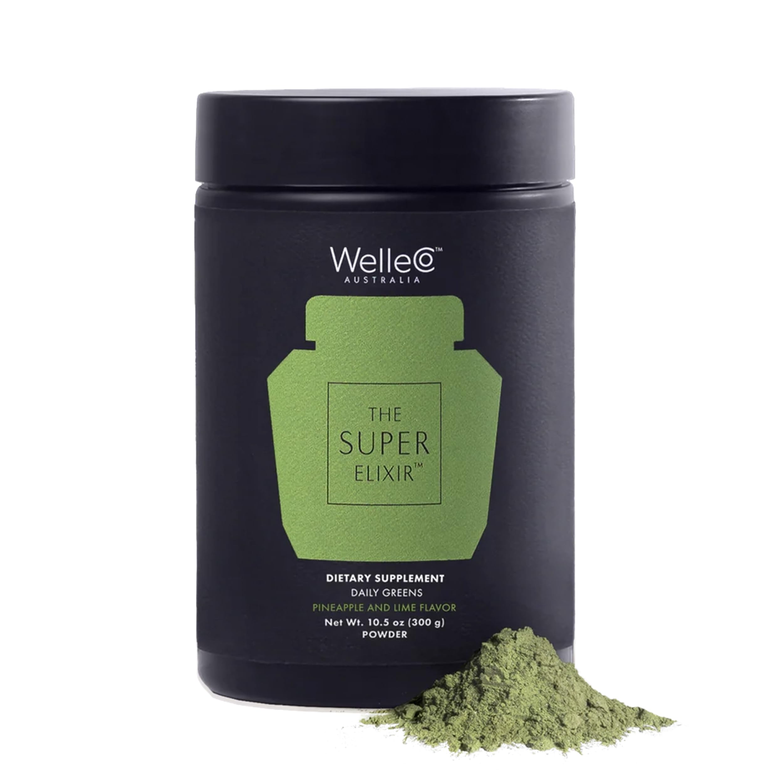 WelleCo Super Elixir Pineapple Lime jar showcases vibrant greens for daily wellness.