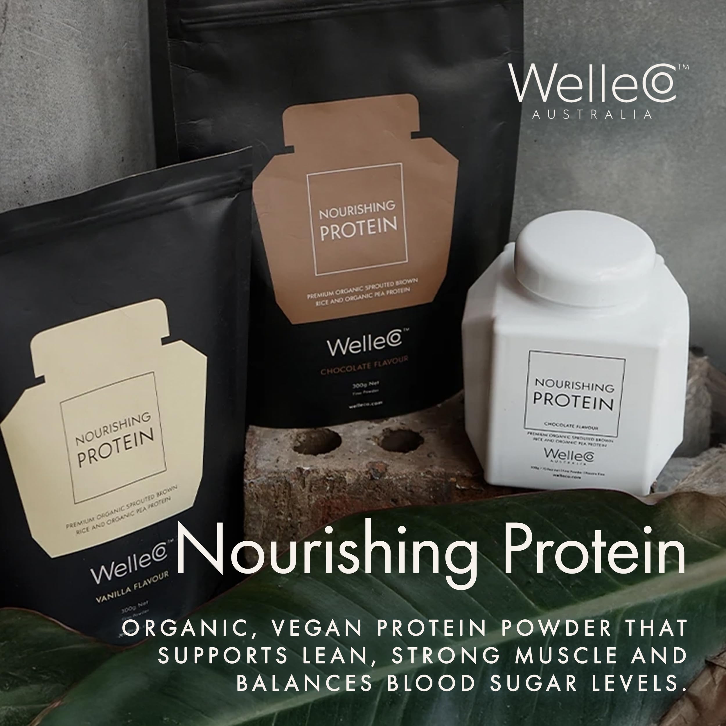 WelleCo vegan protein bag opened with scoop ready to use