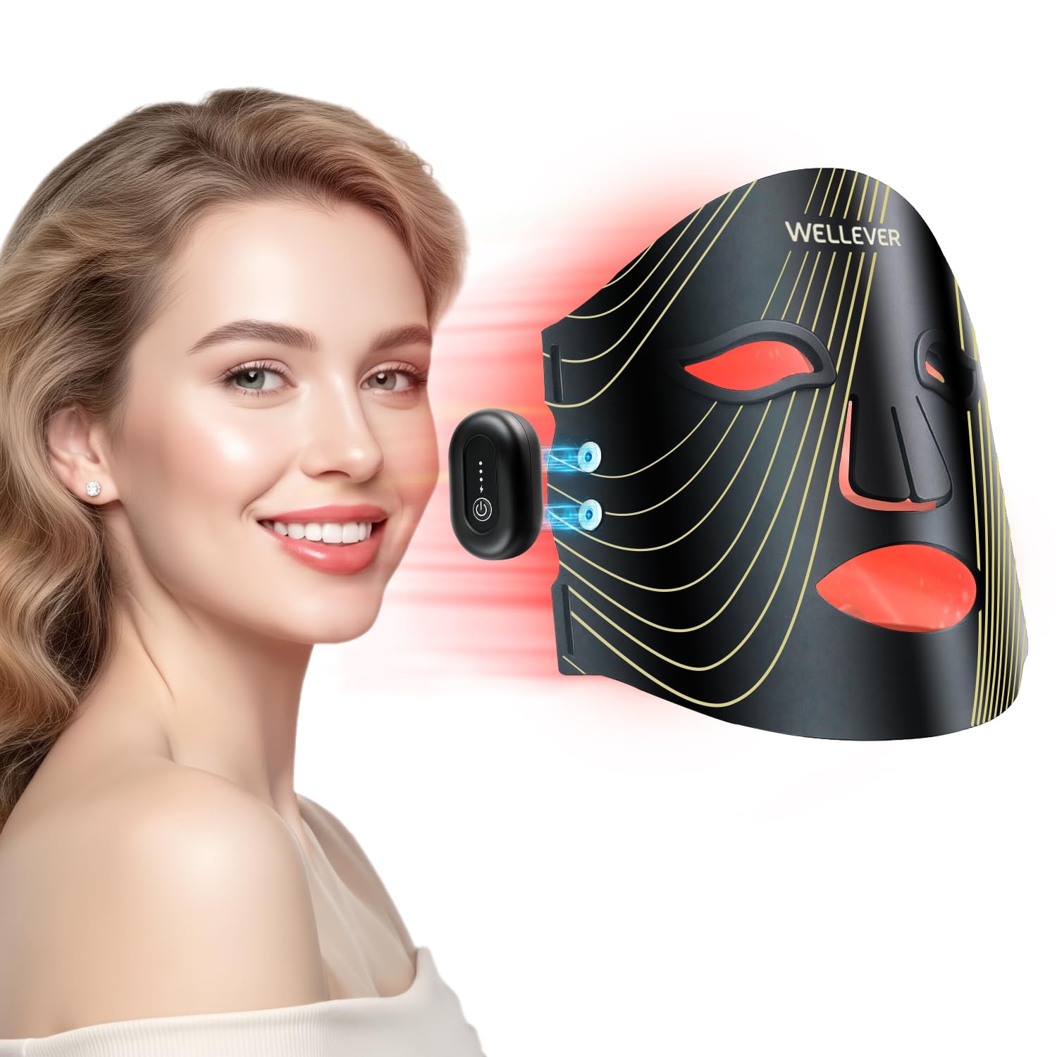 WELLEVER red light therapy mask front view shows cordless convenience for home use
