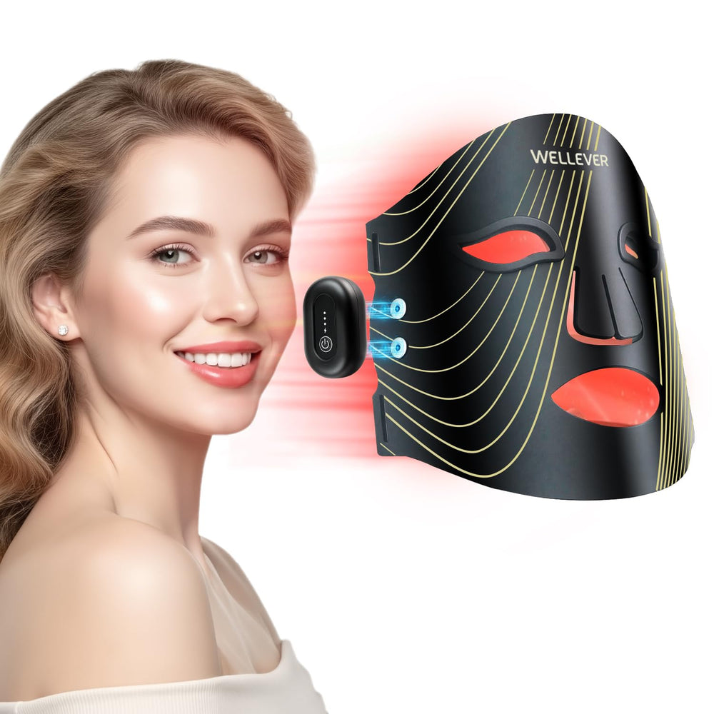 WELLEVER red light therapy mask front view shows cordless convenience for home use
