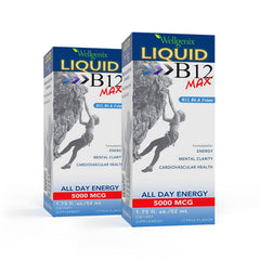 Wellgenix B12 Max liquid bottle front view, compact 1.75 oz packaging for on-the-go use