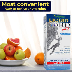 Wellgenix B12 Max liquid bottle top view emphasizes compact packaging for on-the-go energy