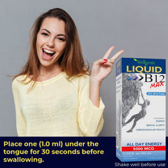 Wellgenix B12 Max liquid under-tongue use demonstrates convenient daily intake for energy support