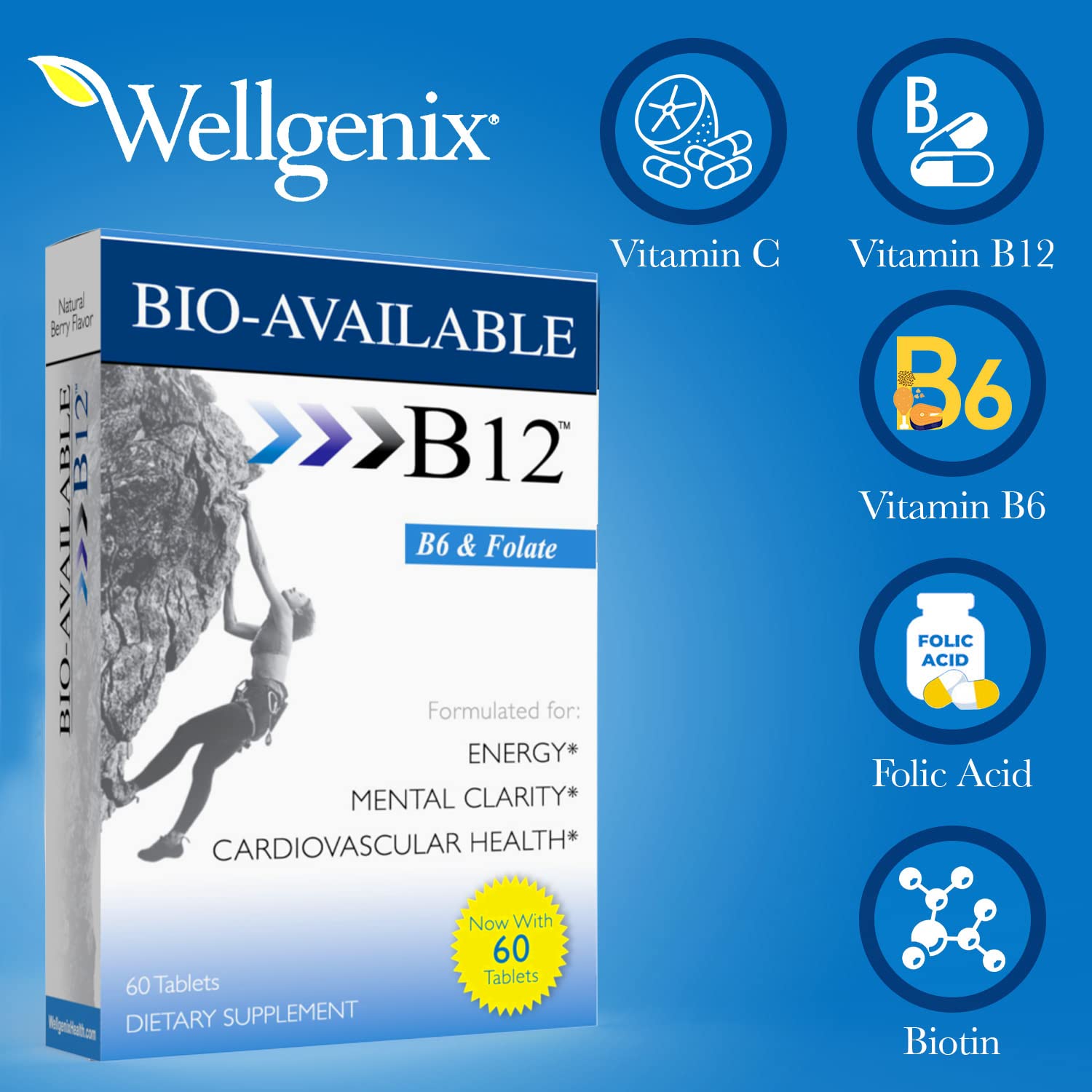 Wellgenix Sublingual B12 tablet close-up highlights compact size.
