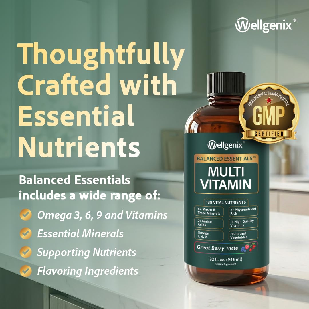 Closeup of Wellgenix Balanced Essentials bottle highlighting berry flavor profile