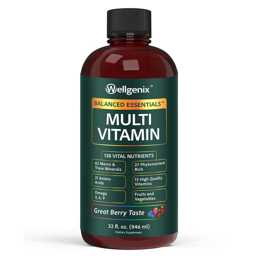 Wellgenix Balanced Essentials bottle front, premium liquid multivitamin for busy mornings.