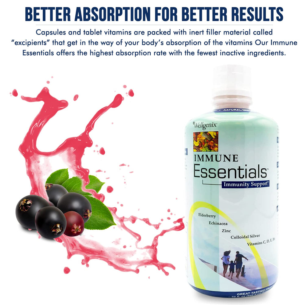 Wellgenix Immune Essentials fruit punch bottle on kitchen counter.