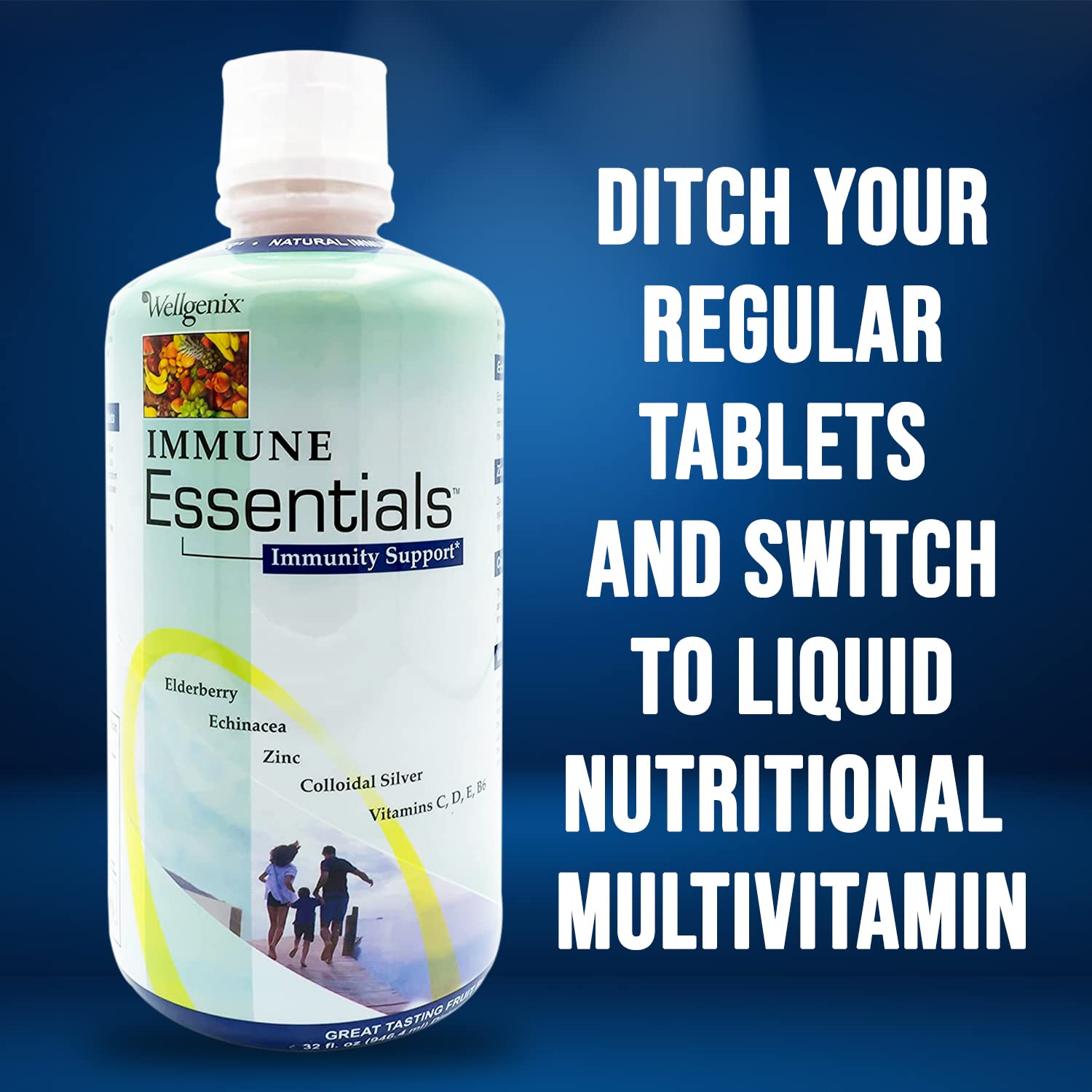 Wellgenix Immune Essentials label close-up with 32 oz bottle.