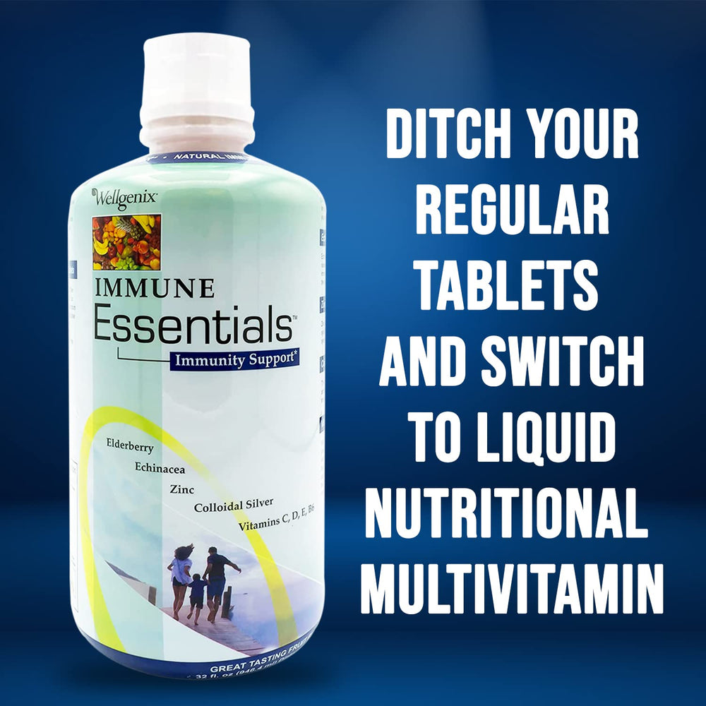 Wellgenix Immune Essentials label close-up with 32 oz bottle.