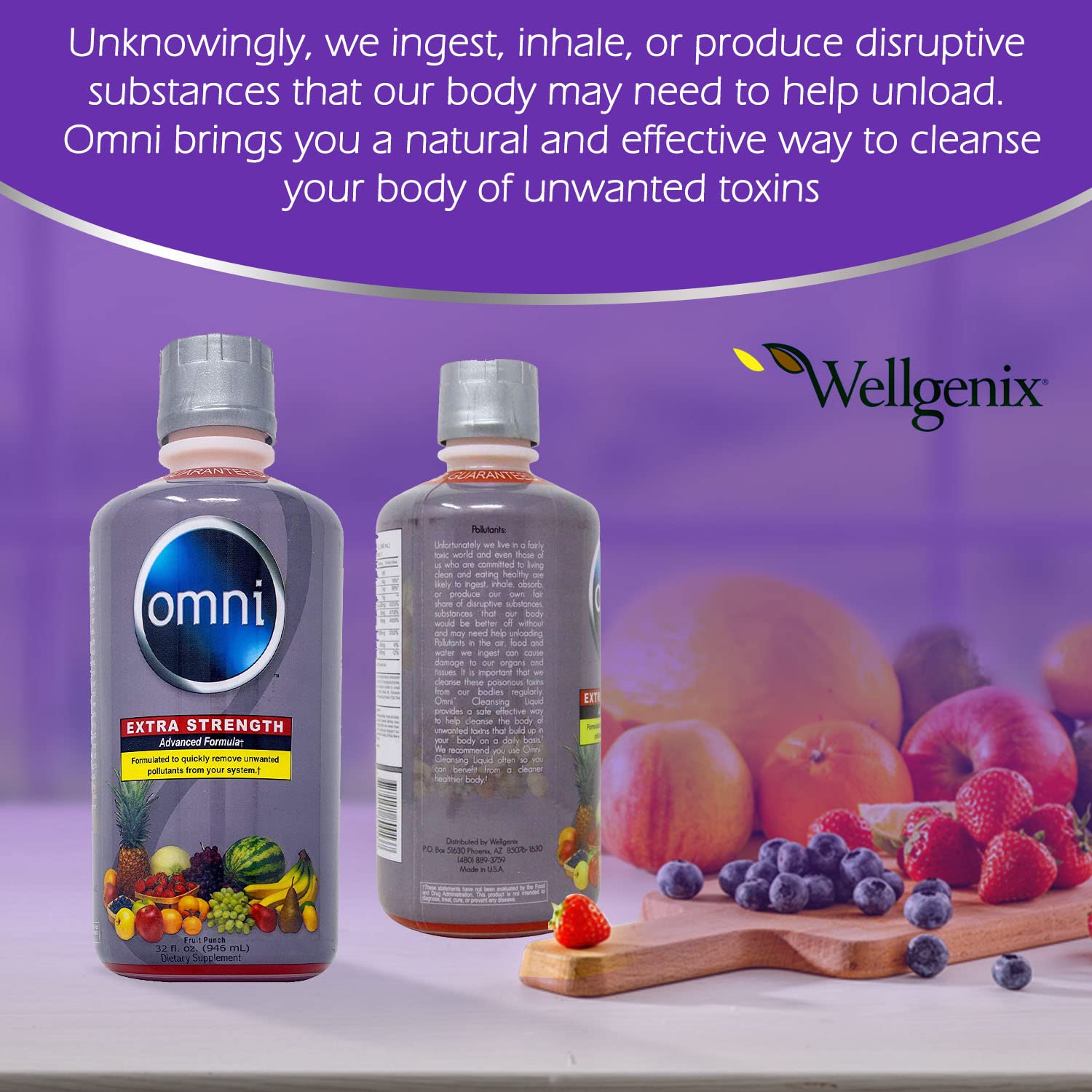 Front label of Wellgenix Omni Cleansing Drink showing branding and ingredients.