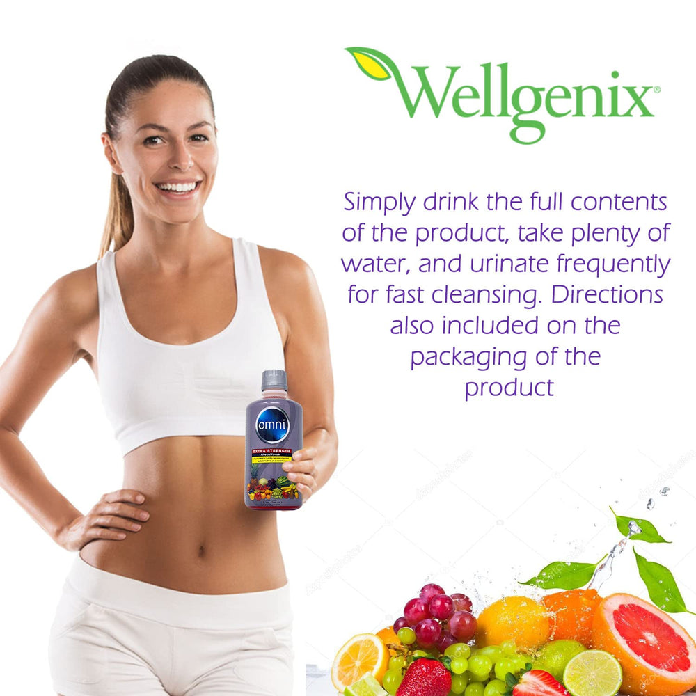 Wellgenix Omni Cleansing Drink served in a clear glass with ice and fruit garnish.
