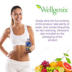 Wellgenix Omni Cleansing Drink served in a clear glass with ice and fruit garnish.