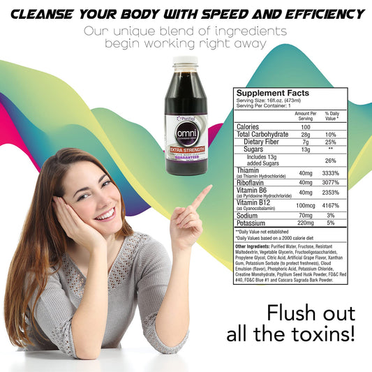 Wellgenix Omni Detox grape bottle pour suggesting quick flush potential on a busy day.