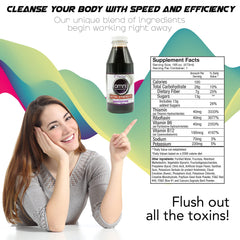 Wellgenix Omni Detox grape bottle pour suggesting quick flush potential on a busy day.