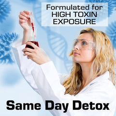 Wellgenix Omni Detox kit beside water glass, suggesting proper hydration.