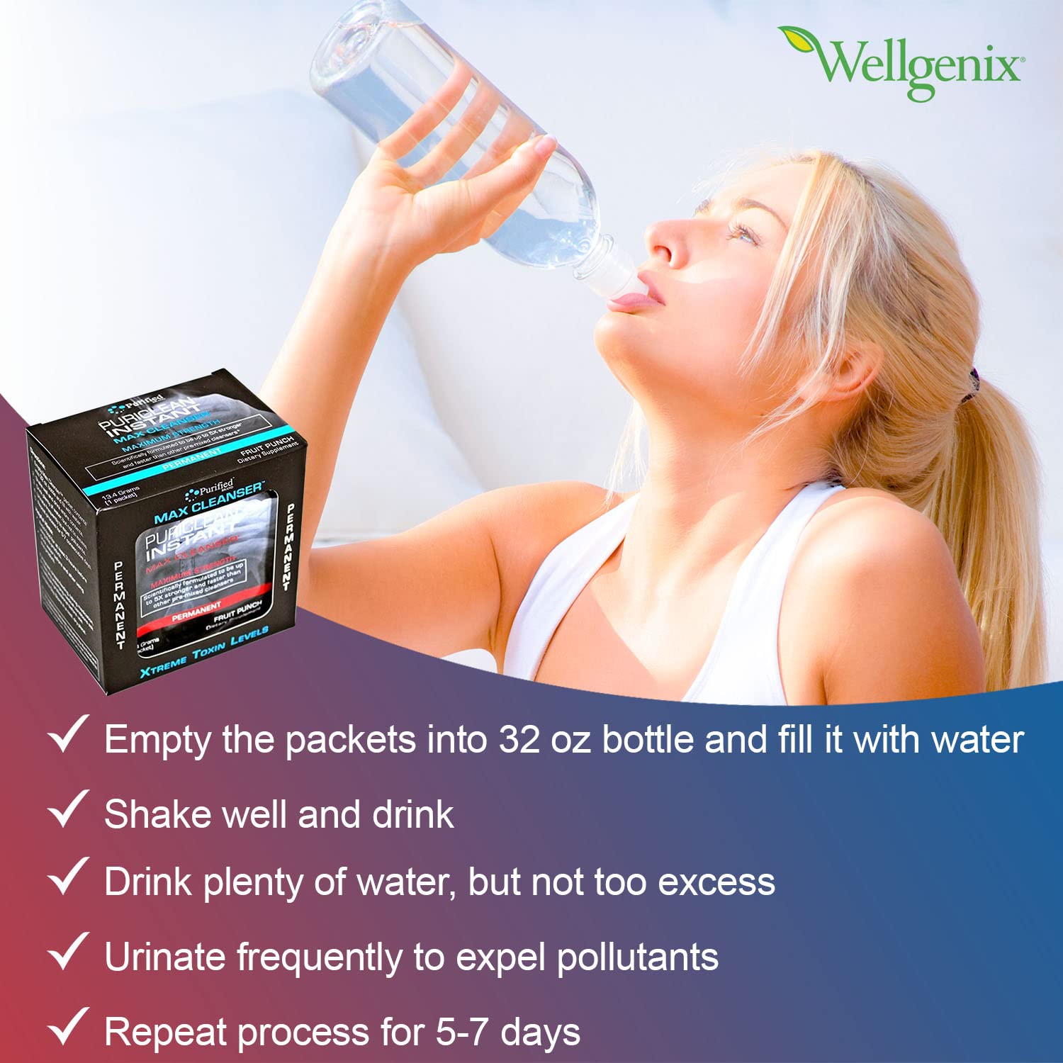 Wellgenix Puriclean bottle beside packaging illustrating a full-body cleanse plan