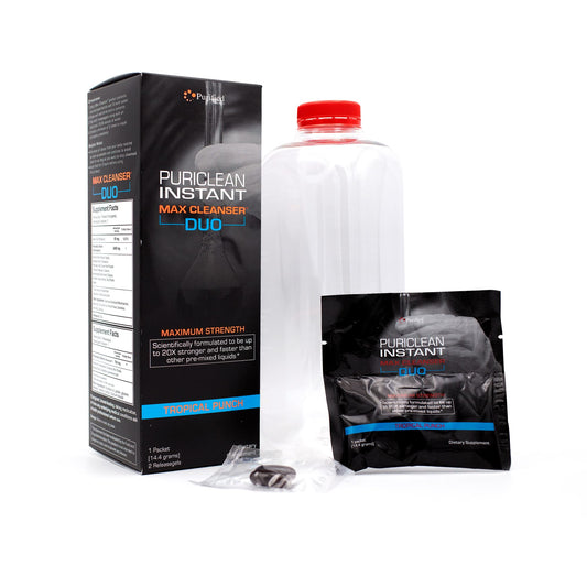Wellgenix Puriclean powder tropical punch bottle showing premium detox blend