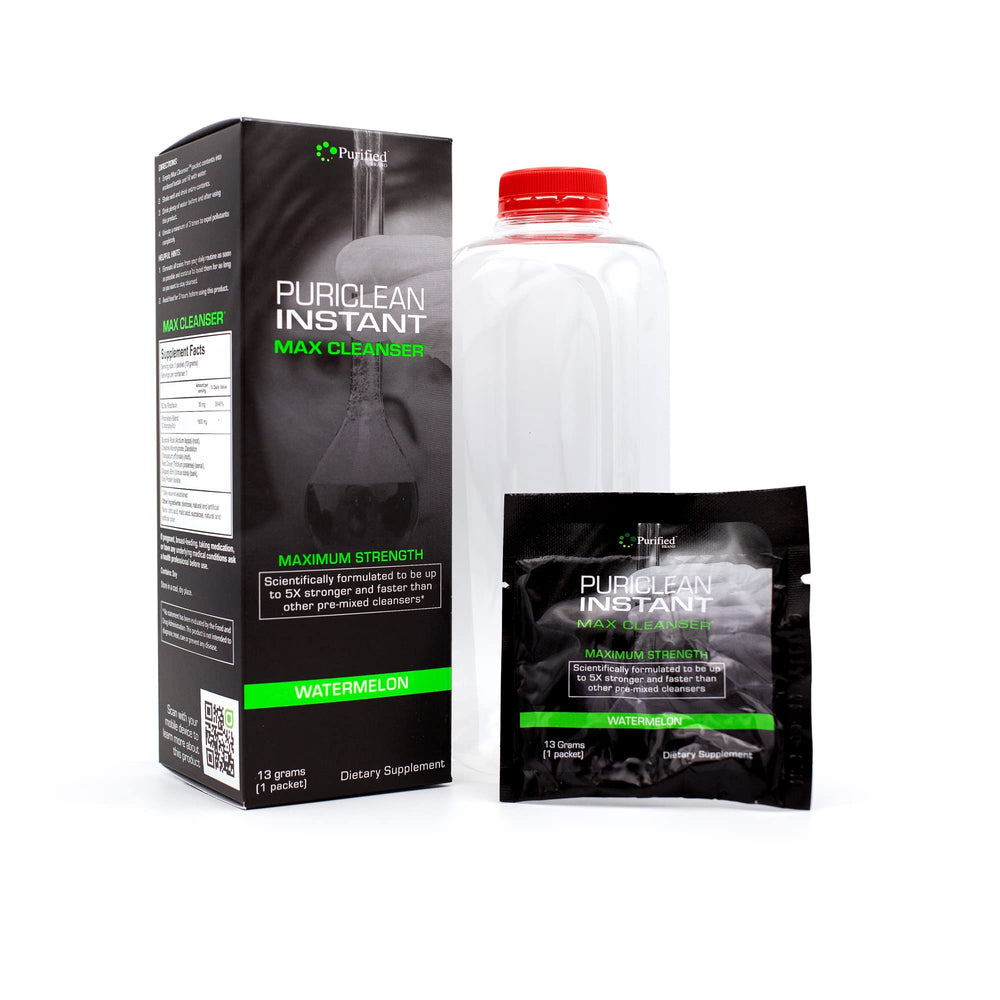 Wellgenix Puriclean scoop in pack illustrating instant mixing with water