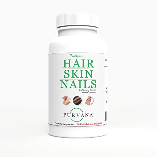 Purvana Biotin softgels close-up highlighting 2500mcg for keratin support.