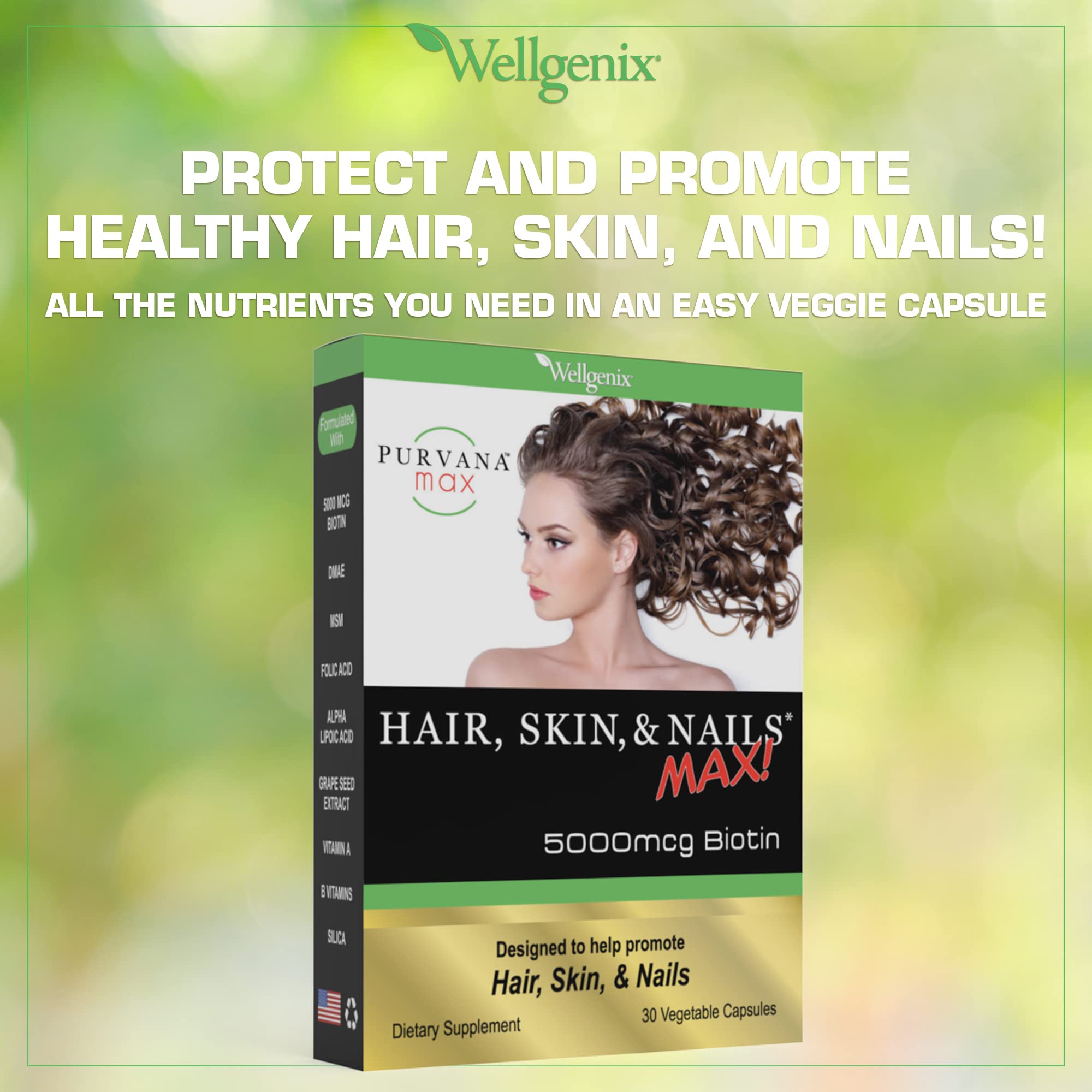 Wellgenix Purvana MAX hair support visual suggesting thicker, fuller appearance