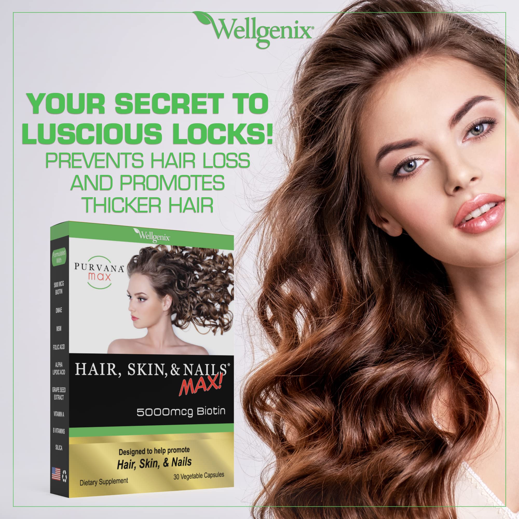 Wellgenix Purvana MAX showcases MSM and B-complex for skin elasticity and radiance.