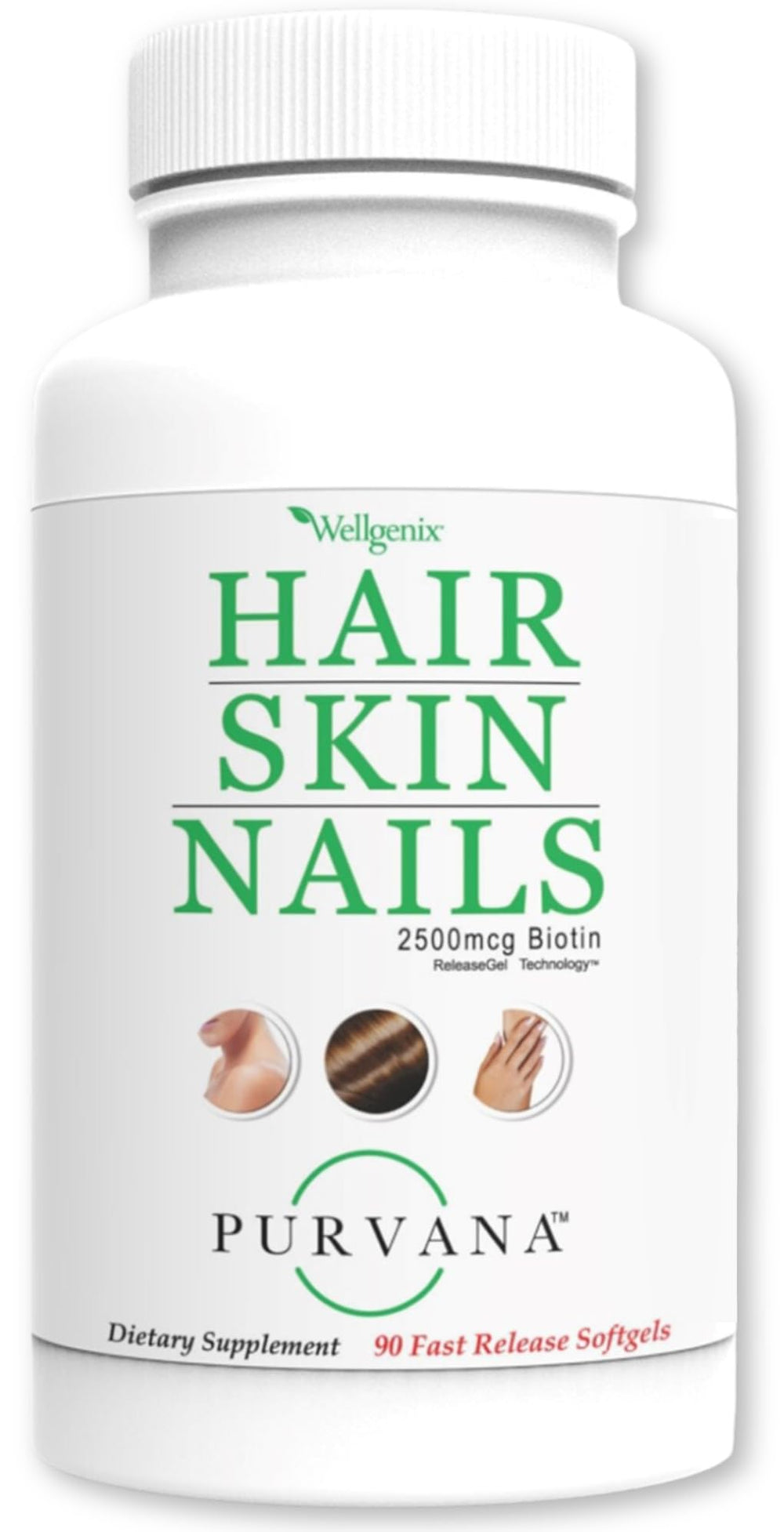 Wellgenix Purvana softgel bottle shown for daily hair and nail support
