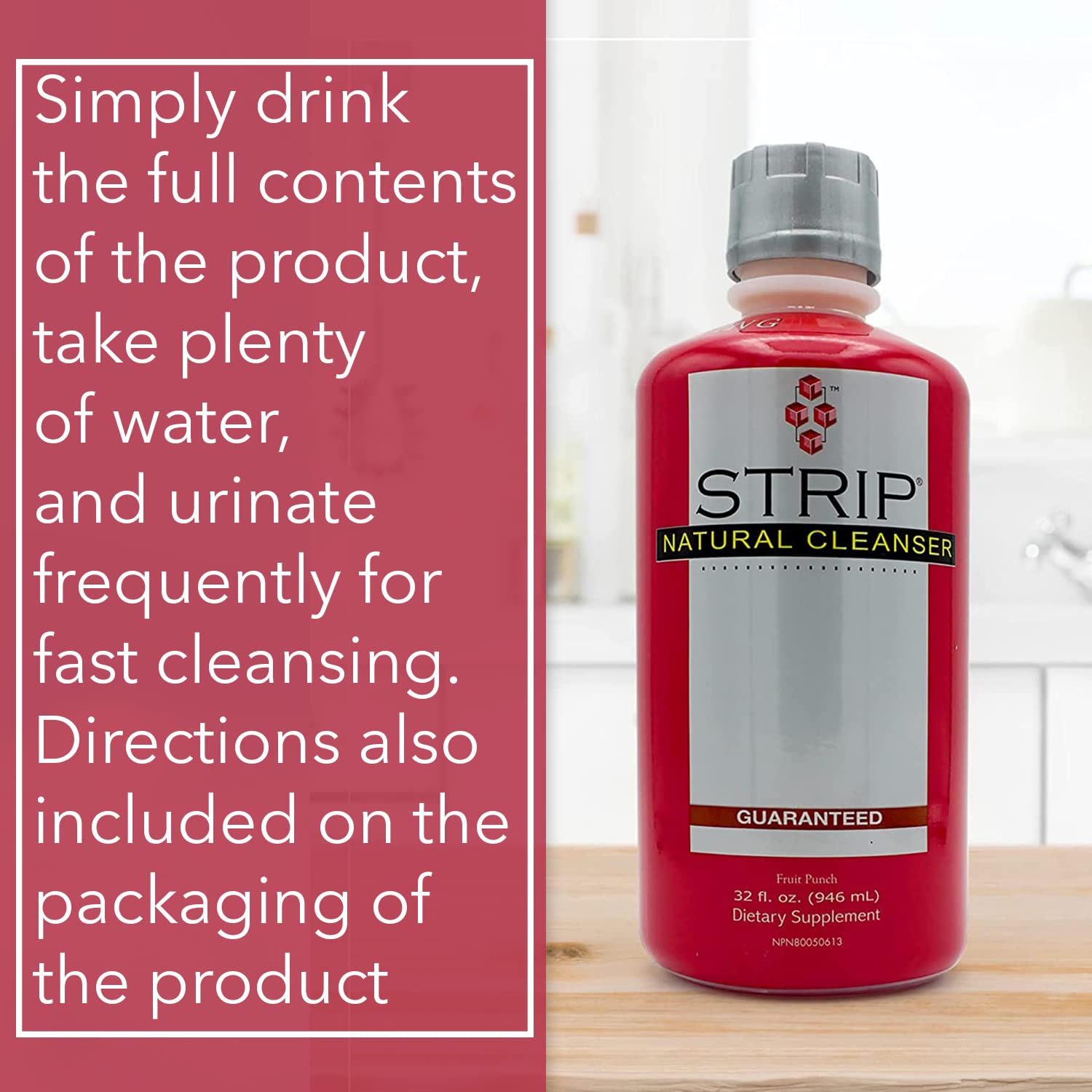 Wellgenix Strip NC fruit-punch bottle on counter suggests tasty detox option